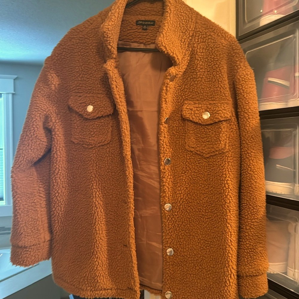 Cognac brown sherpa teddy jacket
